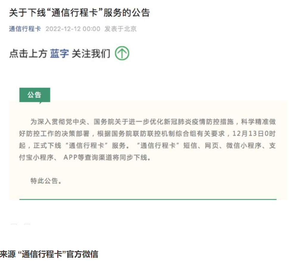 “通信行程卡”12月13日0时起正式下线